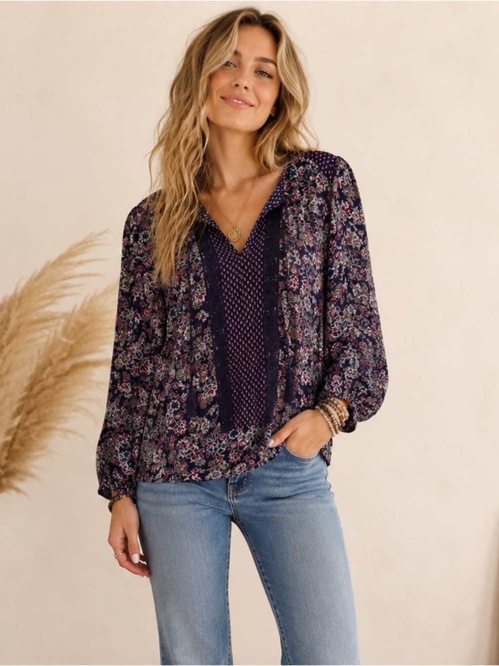 DR2 Navy Floral V-Neck Peasant Blouse